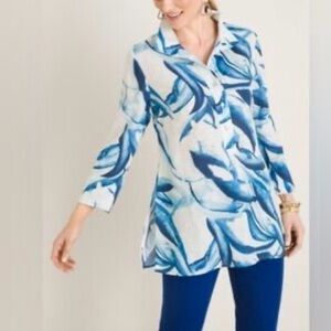 Chico’s 100% LINEN Long Tunic White Blue Beachy Comfort Casual Dress Sz 0 = US4